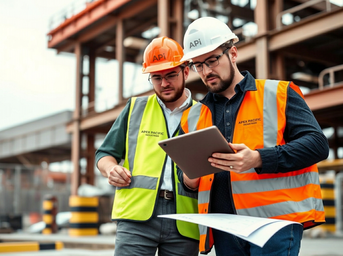 Apex Pacific Industries project managers reviewing plans at a commercial jobsite