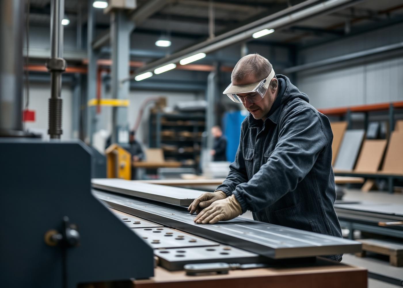 Sheet metal worker fabricating complementary metal panels in the shop