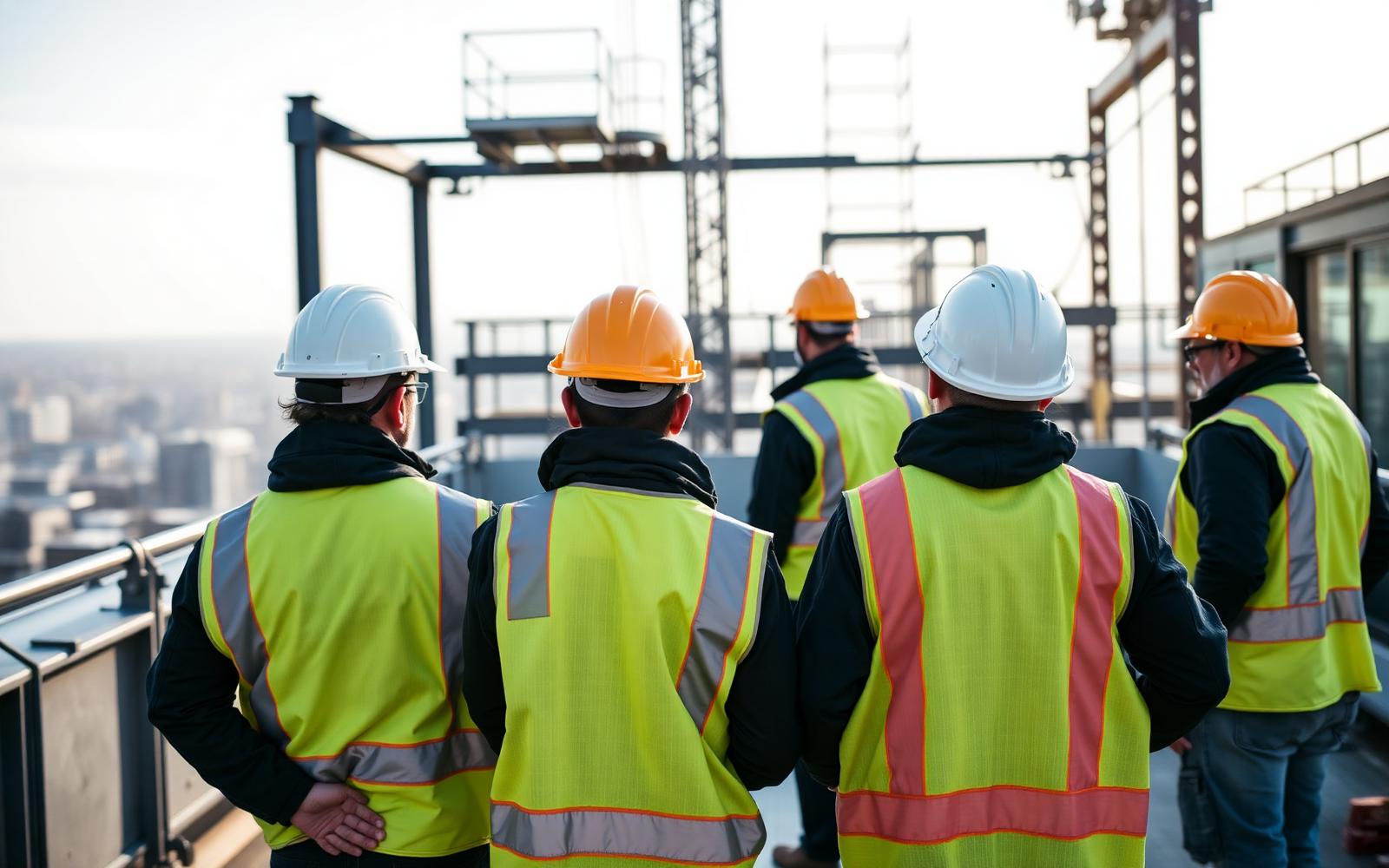 Commercial construction crew in high-visibility PPE holding a jobsite safety briefing
