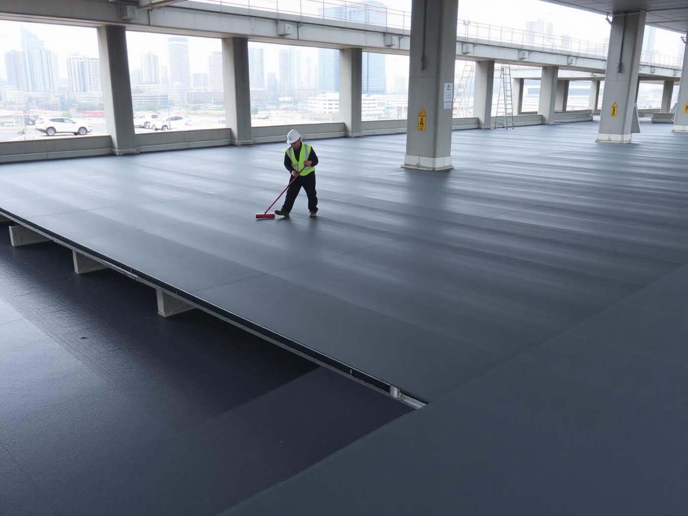 Traffic-bearing coating being applied on a commercial parking structure deck